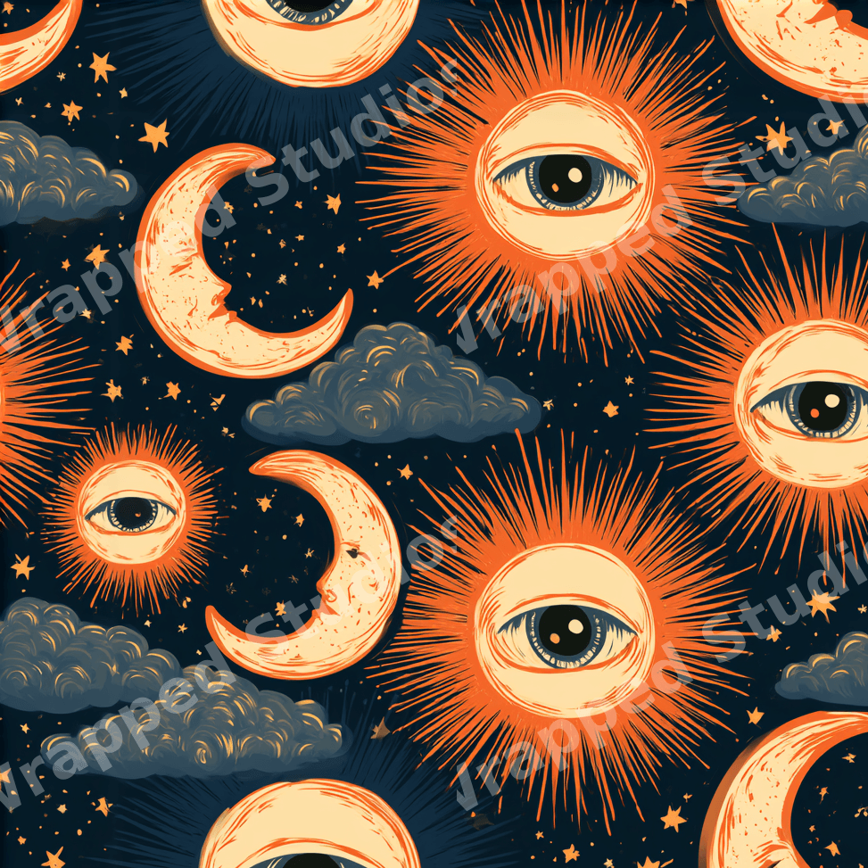 Celestial pattern with vintage mystical suns, crescent moons, and stars on a dark navy background.