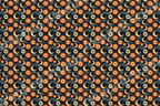 Vintage celestial pattern with mystical eyes, orange suns, and crescent moons on a navy blue background.