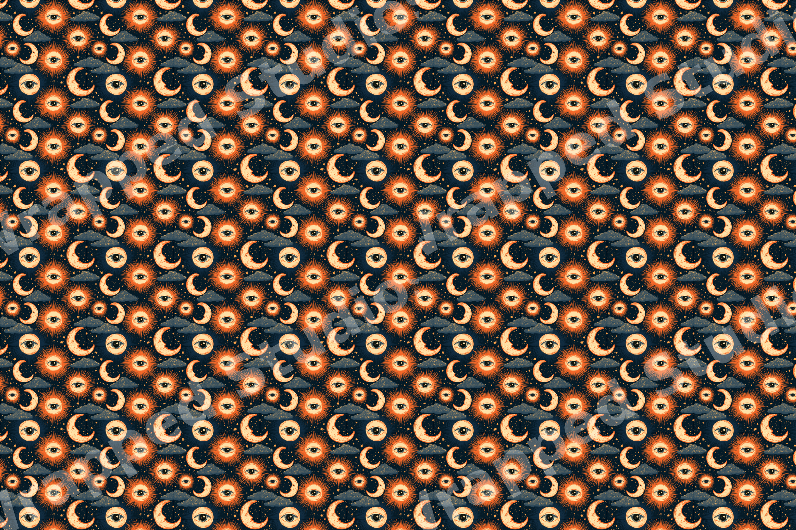 Vintage celestial pattern with mystical eyes, orange suns, and crescent moons on a navy blue background.