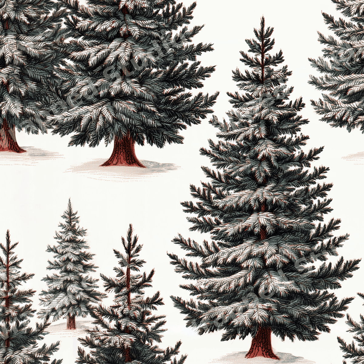 Vintage botanical pine tree pattern with detailed evergreen illustrations on a cream background.
