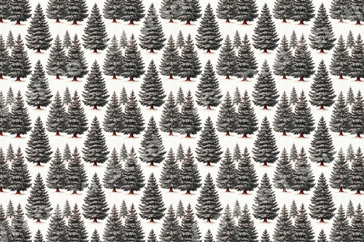 Seamless vintage Christmas tree pattern featuring detailed, snow-covered pine trees.