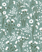 Elegant vintage botanical design featuring delicate white wildflowers on a sage green background.