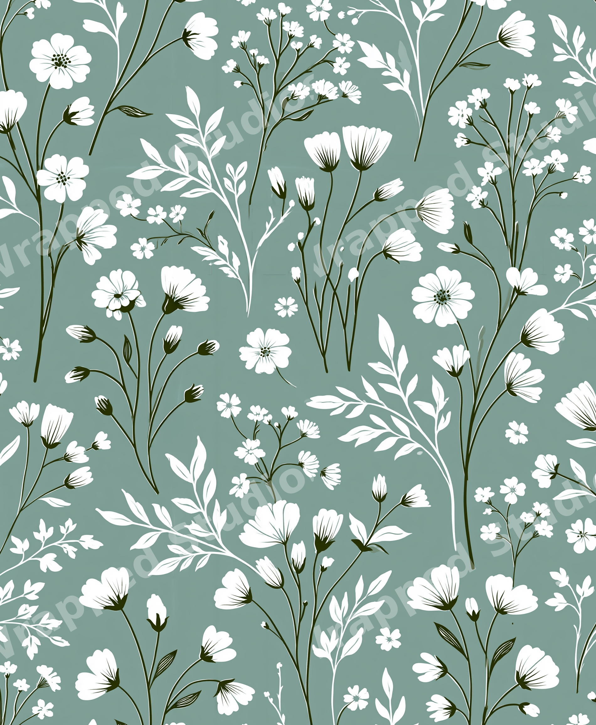 Elegant vintage botanical design featuring delicate white wildflowers on a sage green background.