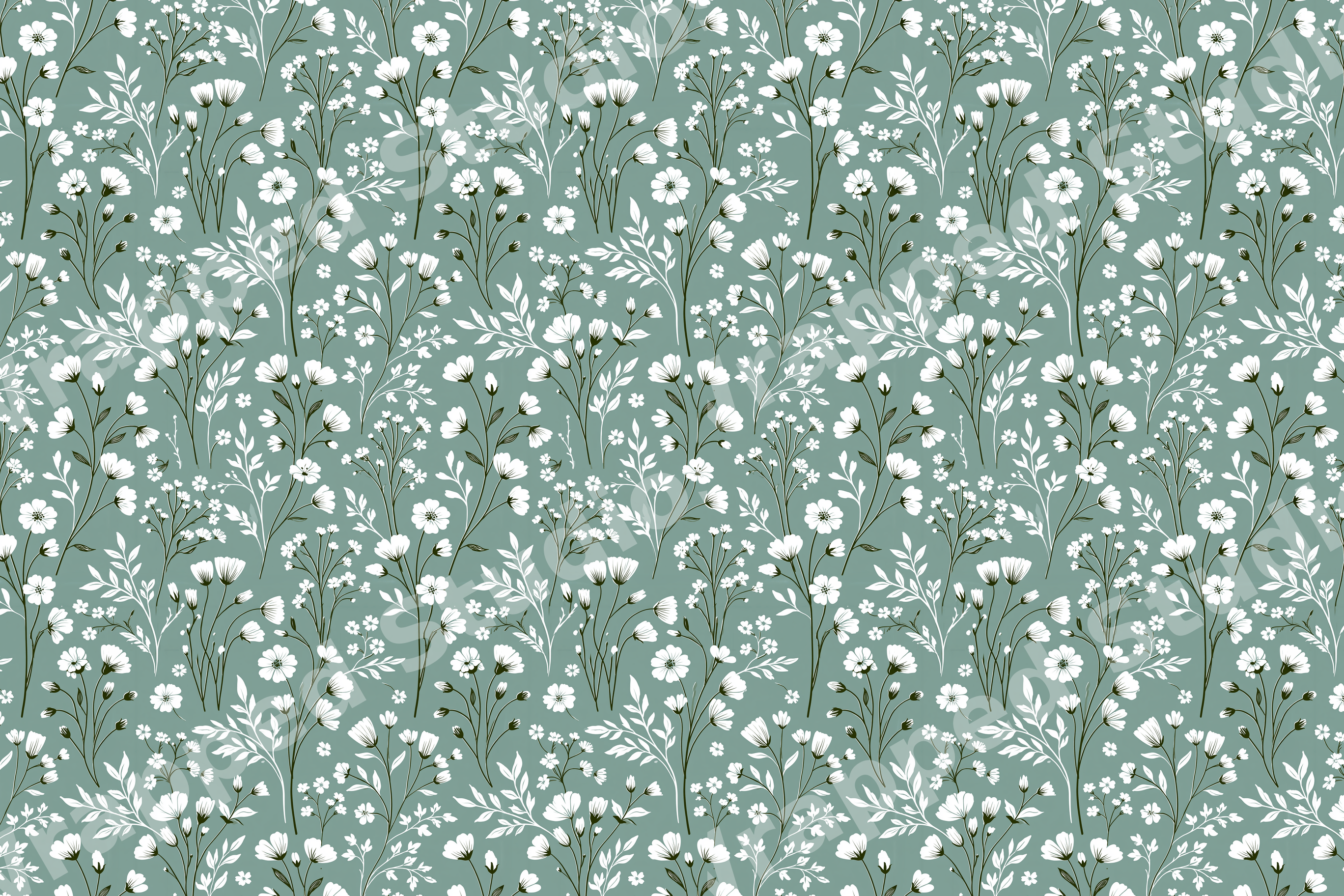 Seamless vintage botanical pattern with delicate white wildflowers and leaves on a dusty sage green background.