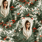 Vintage Christmas pattern of the Virgin Mary with green pine branches and festive red berries.