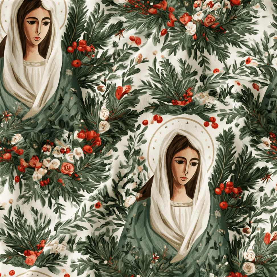 Vintage Christmas pattern of the Virgin Mary with green pine branches and festive red berries.