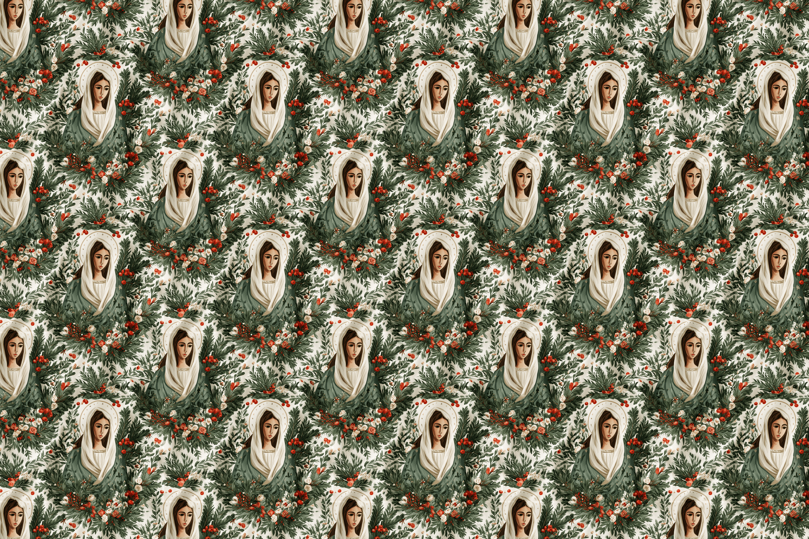Vintage botanical pattern with Virgin Mary illustrations, green pine branches, and red winter berries.