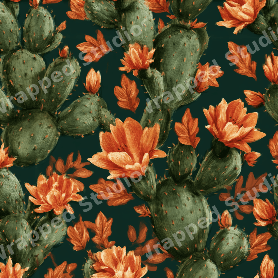 Vintage botanical pattern of blooming prickly pear cacti and terracotta flowers on a dark green background.