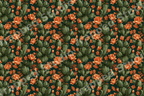 Seamless vintage botanical pattern of green prickly pear cactus with terracotta orange flowers.