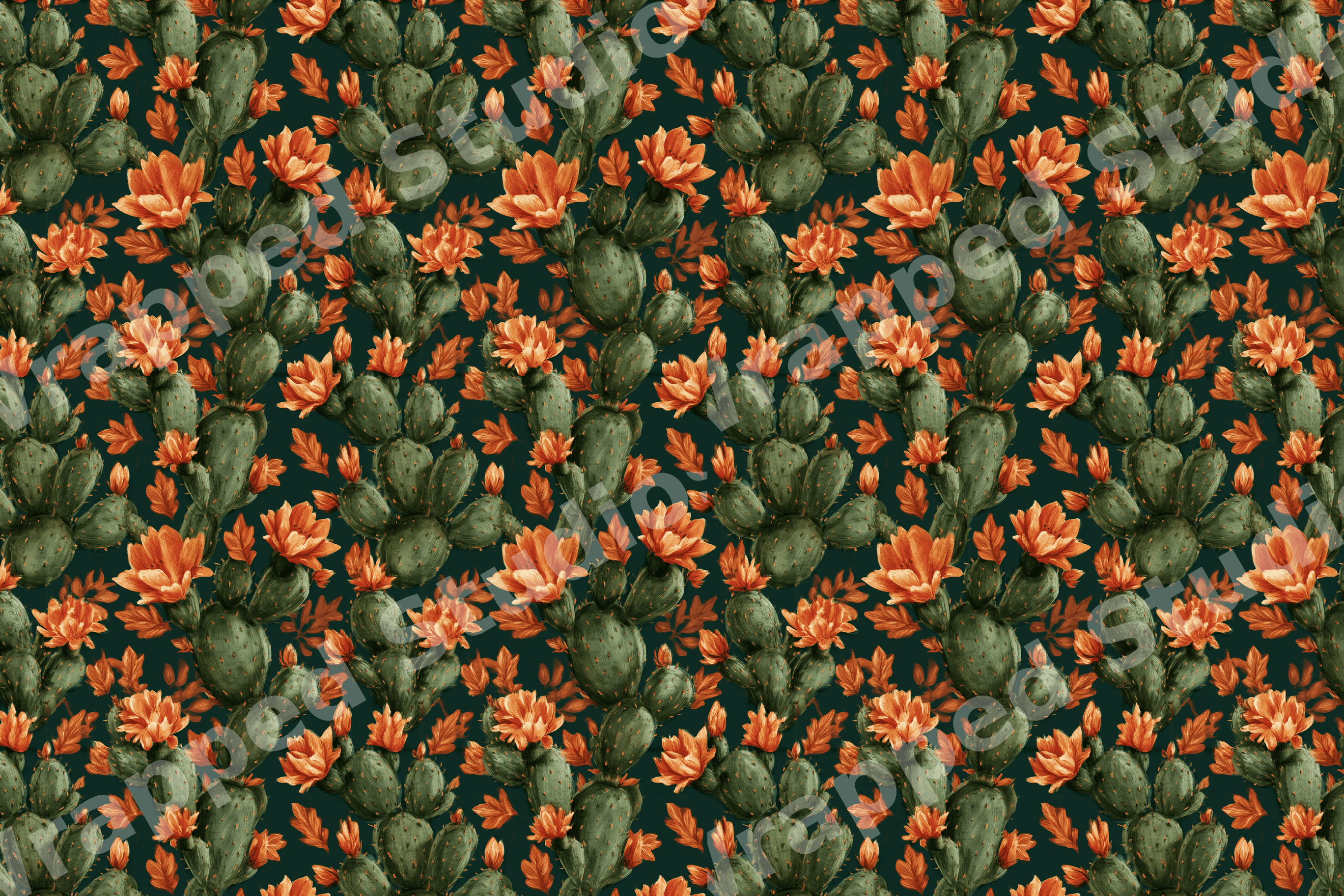 Seamless vintage botanical pattern of green prickly pear cactus with terracotta orange flowers.