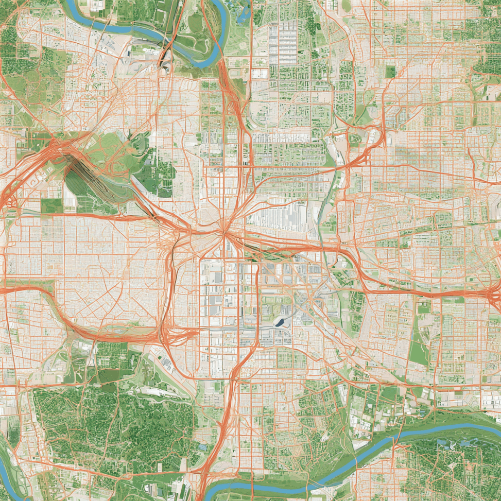Seamless vintage city map pattern featuring orange roads, green parks, and blue rivers.