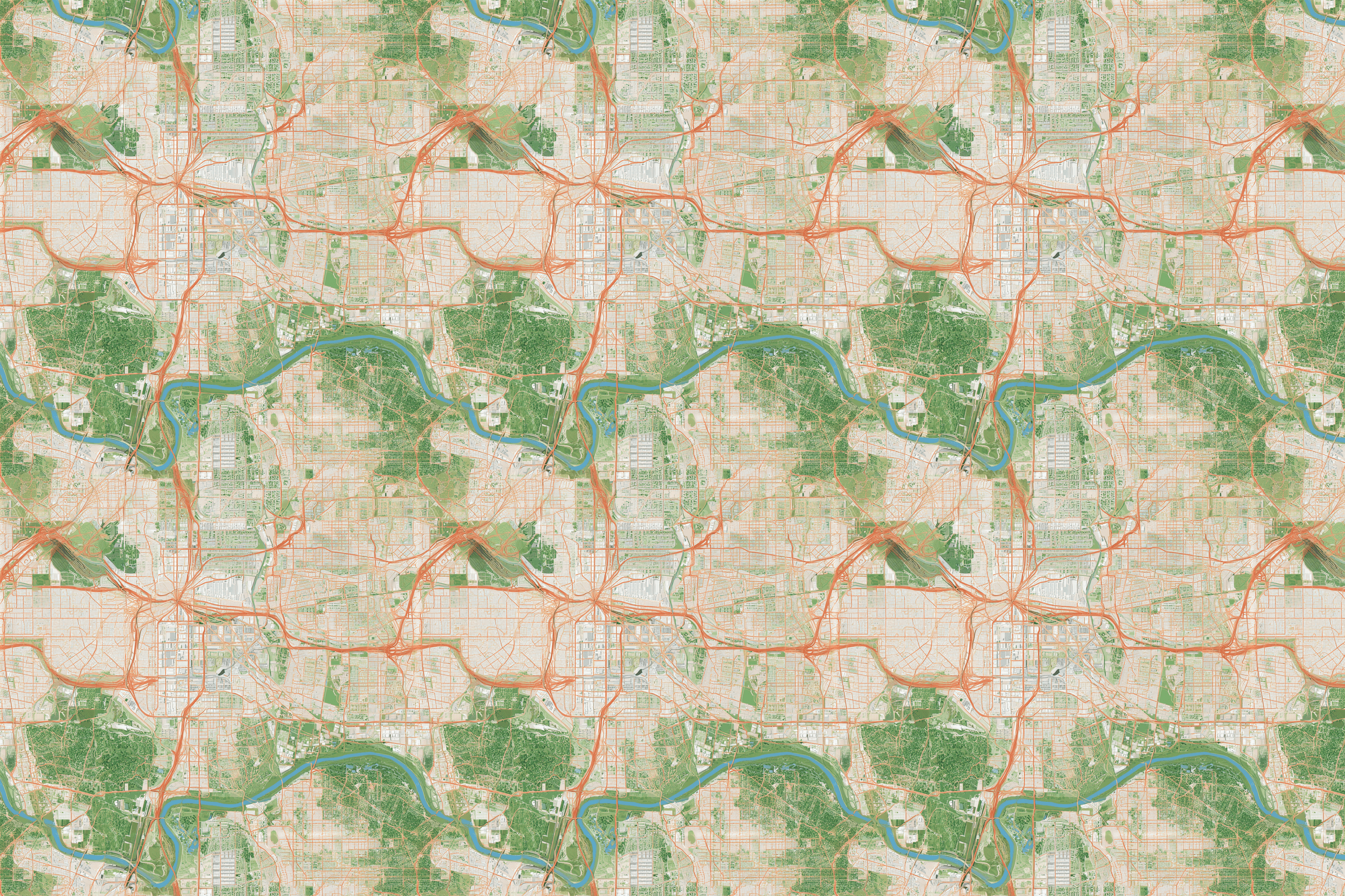 Seamless vintage city map pattern featuring green parks, orange roads, and winding blue rivers.