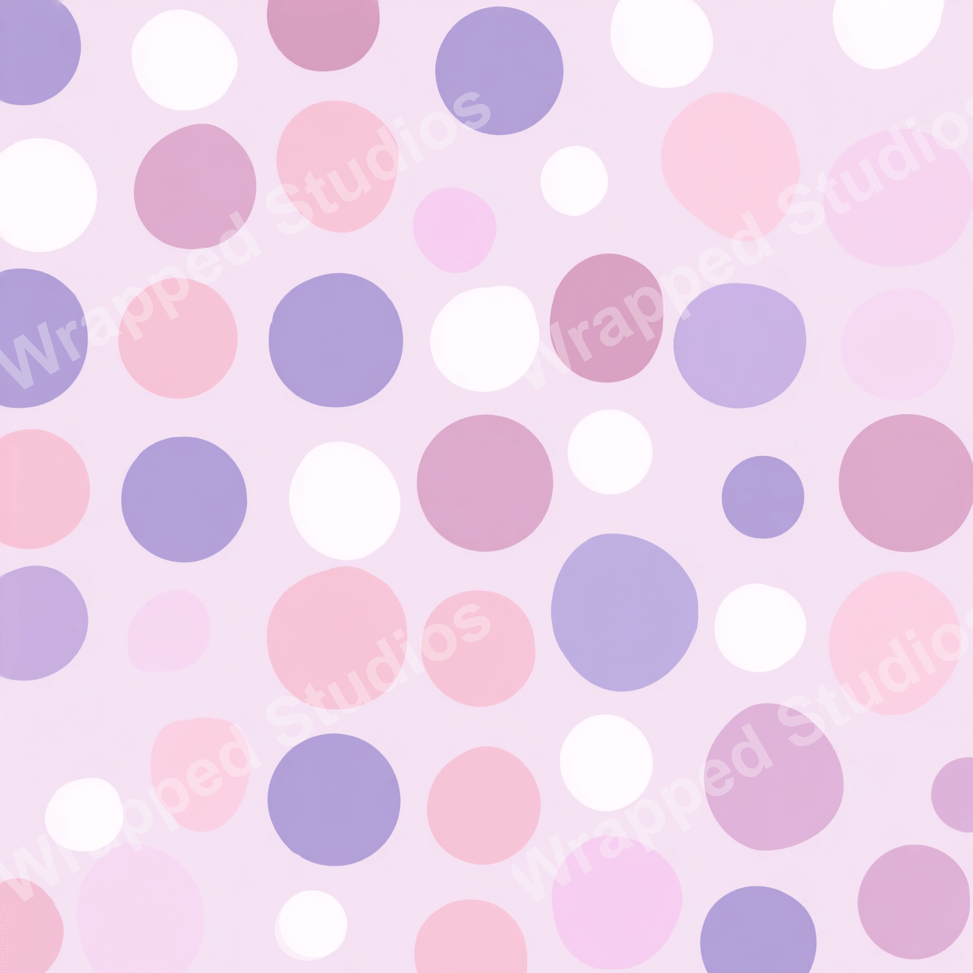 Seamless polka dot pattern in pastel pink, lavender, and white on a light violet background.