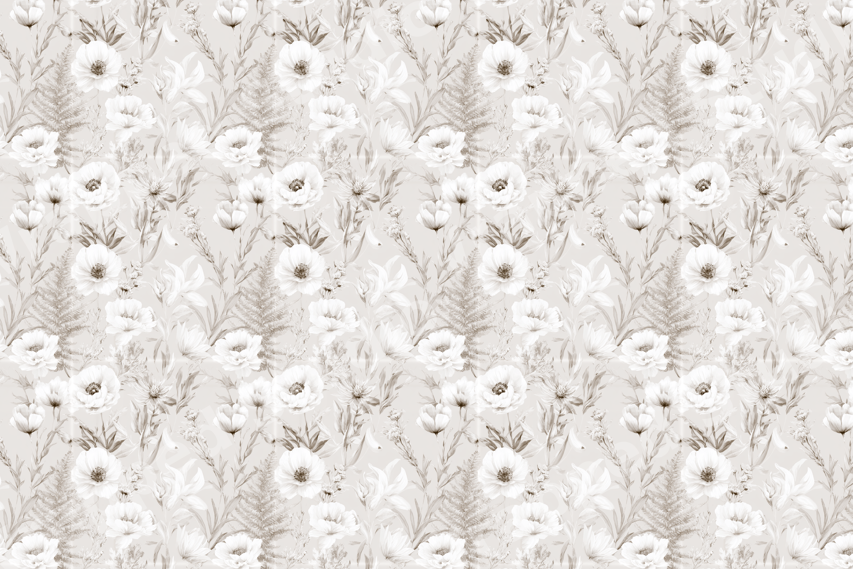 Elegant sepia vintage botanical floral pattern featuring delicate watercolor wildflowers and ferns.
