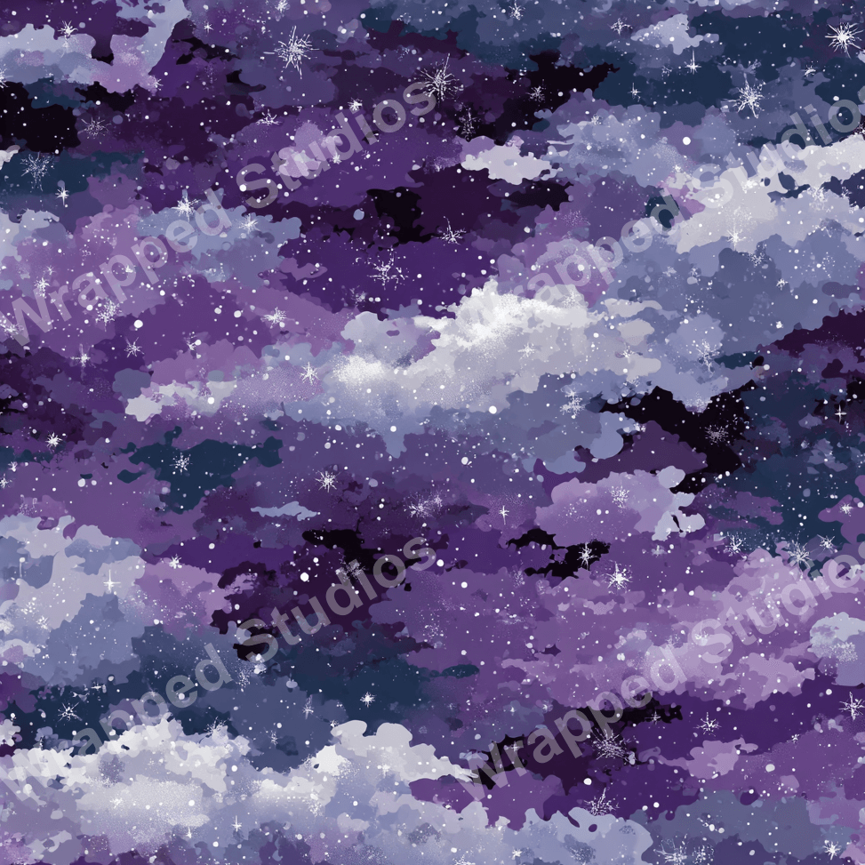 Abstract celestial pattern with shades of purple, blue, and white evokes a dreamy night sky.