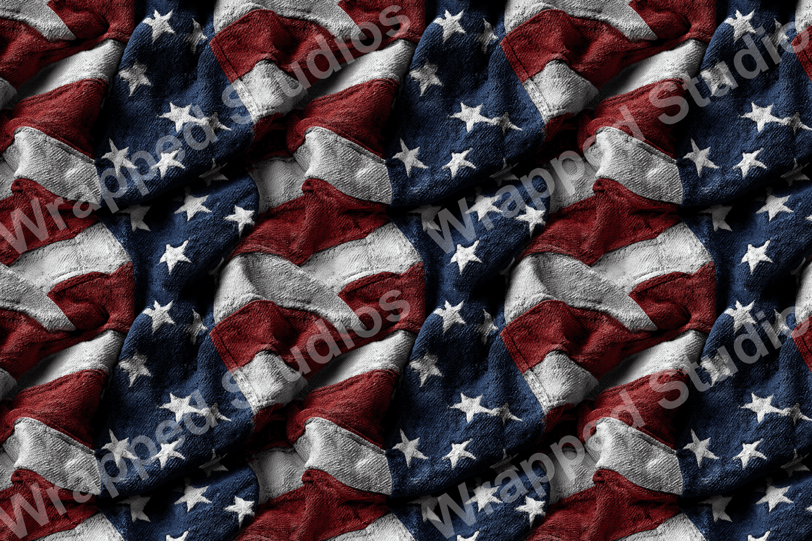 Red, white, and blue patriotic pattern with white stars and textured stripes.