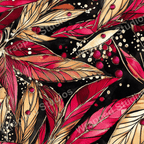 Elegant floral pattern of gold and red leaves and berries on a black background.