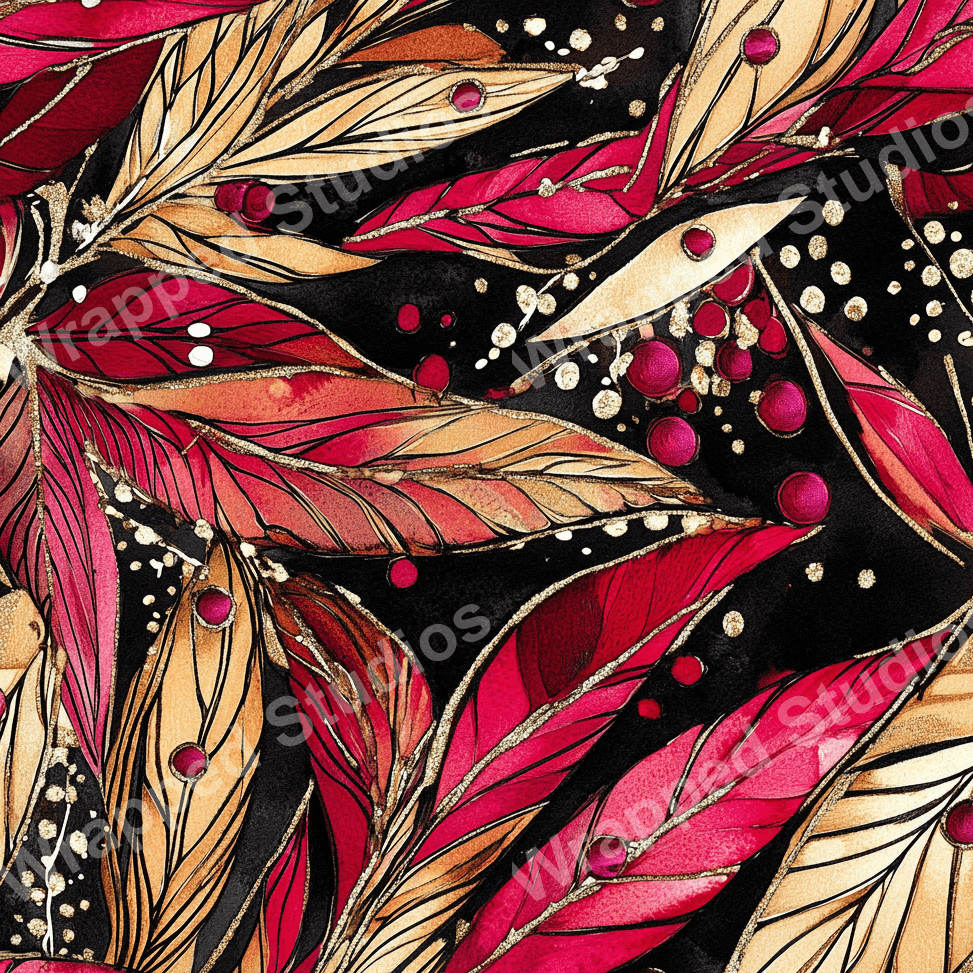 Elegant floral pattern of gold and red leaves and berries on a black background.