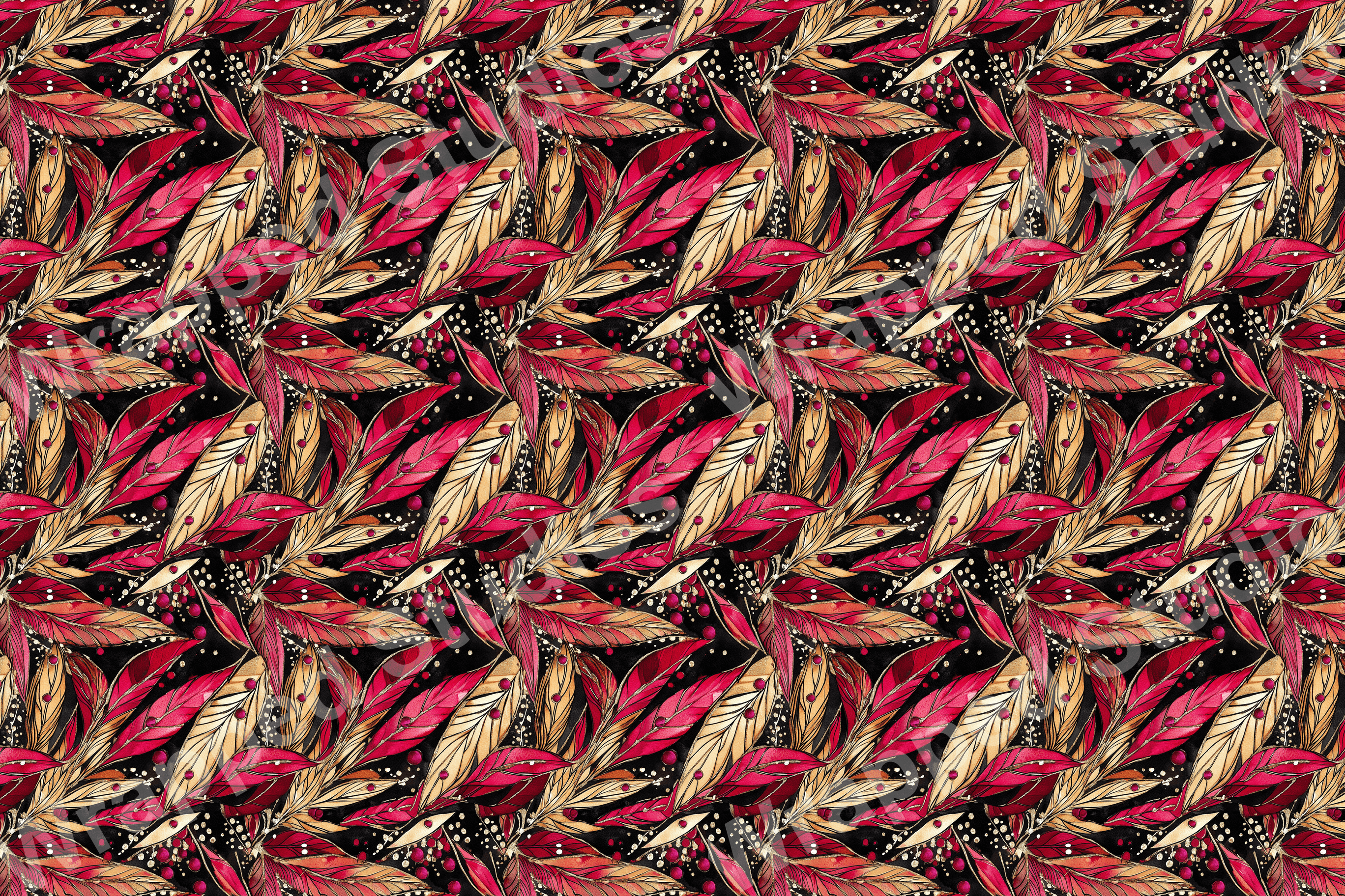 Elegant botanical pattern of stylized red and gold leaves with berry accents on a black background.