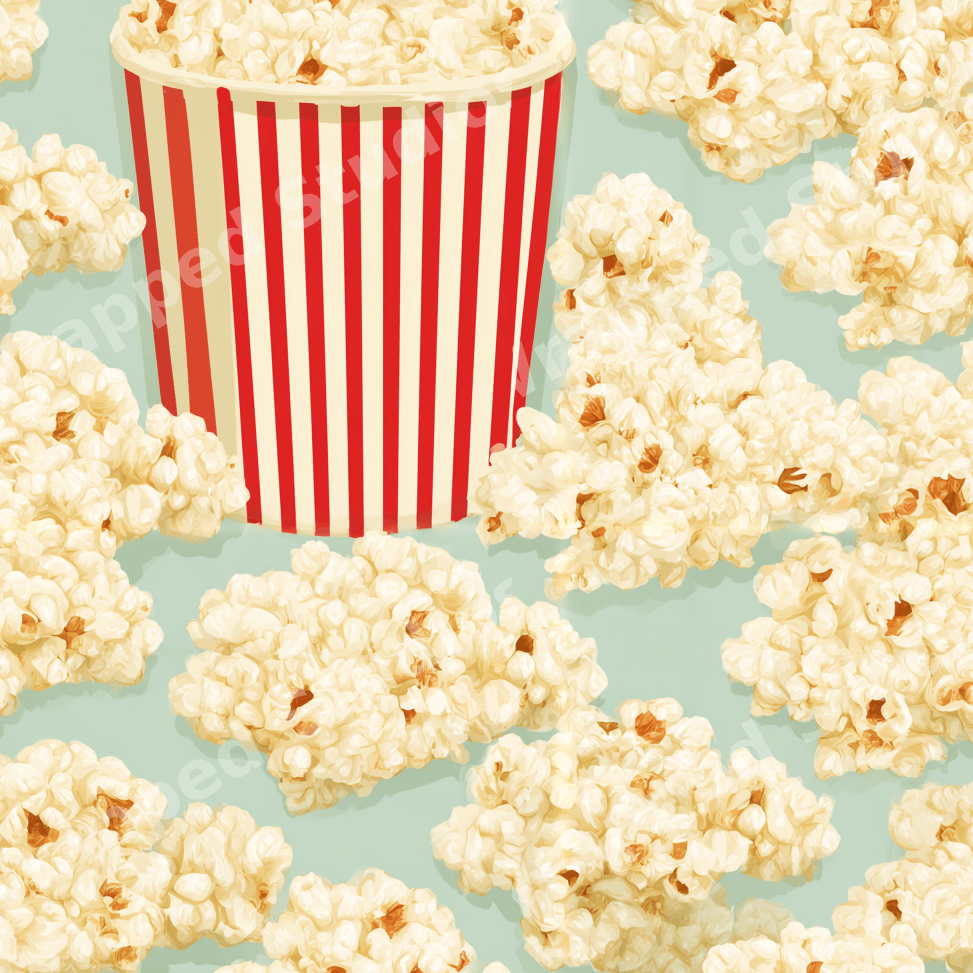 Retro popcorn pattern with red-and-white striped buckets and scattered kernels on a mint green background.