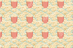 Playful retro popcorn pattern with red striped buckets and scattered kernels on a mint green background.