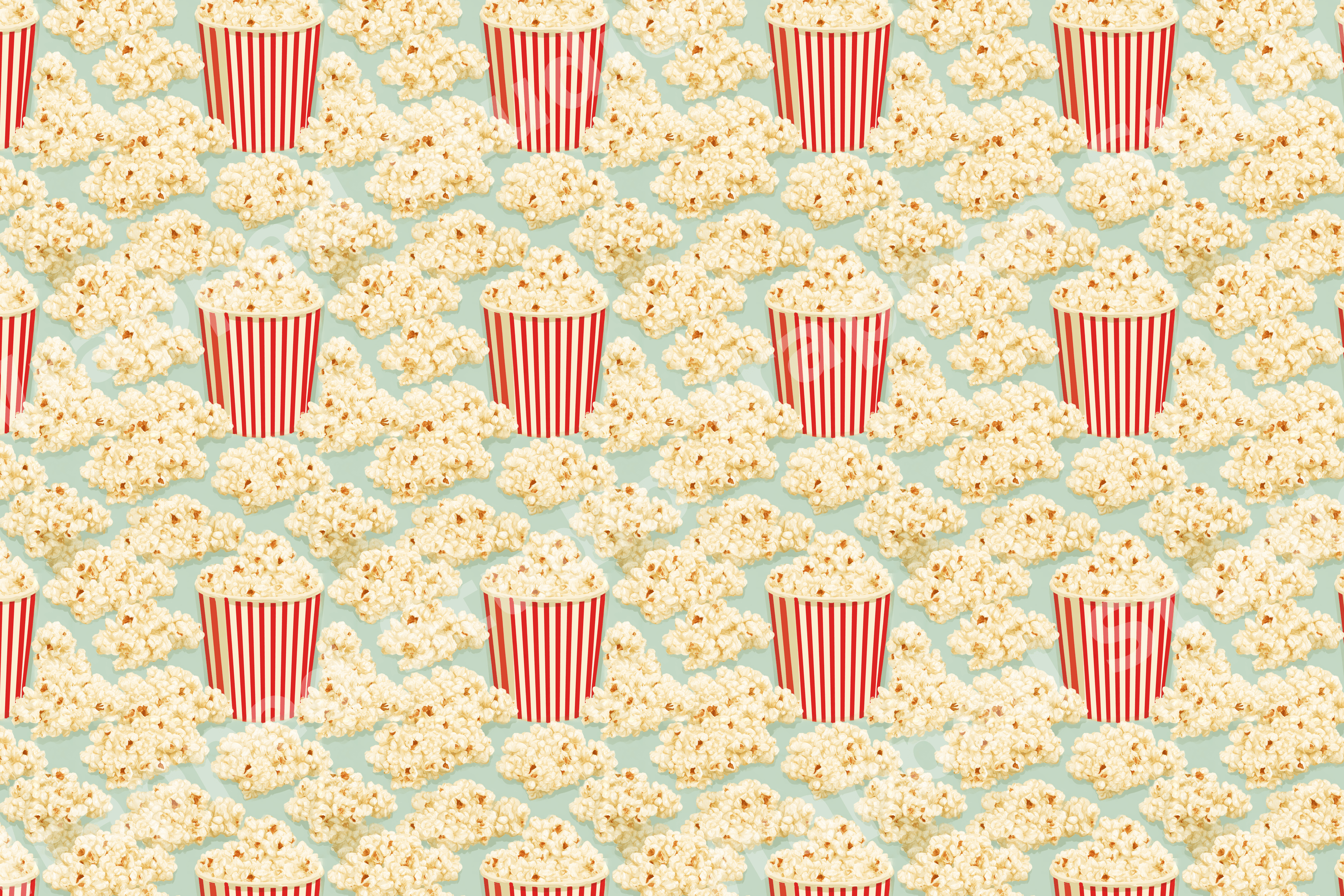 Playful retro popcorn pattern with red striped buckets and scattered kernels on a mint green background.
