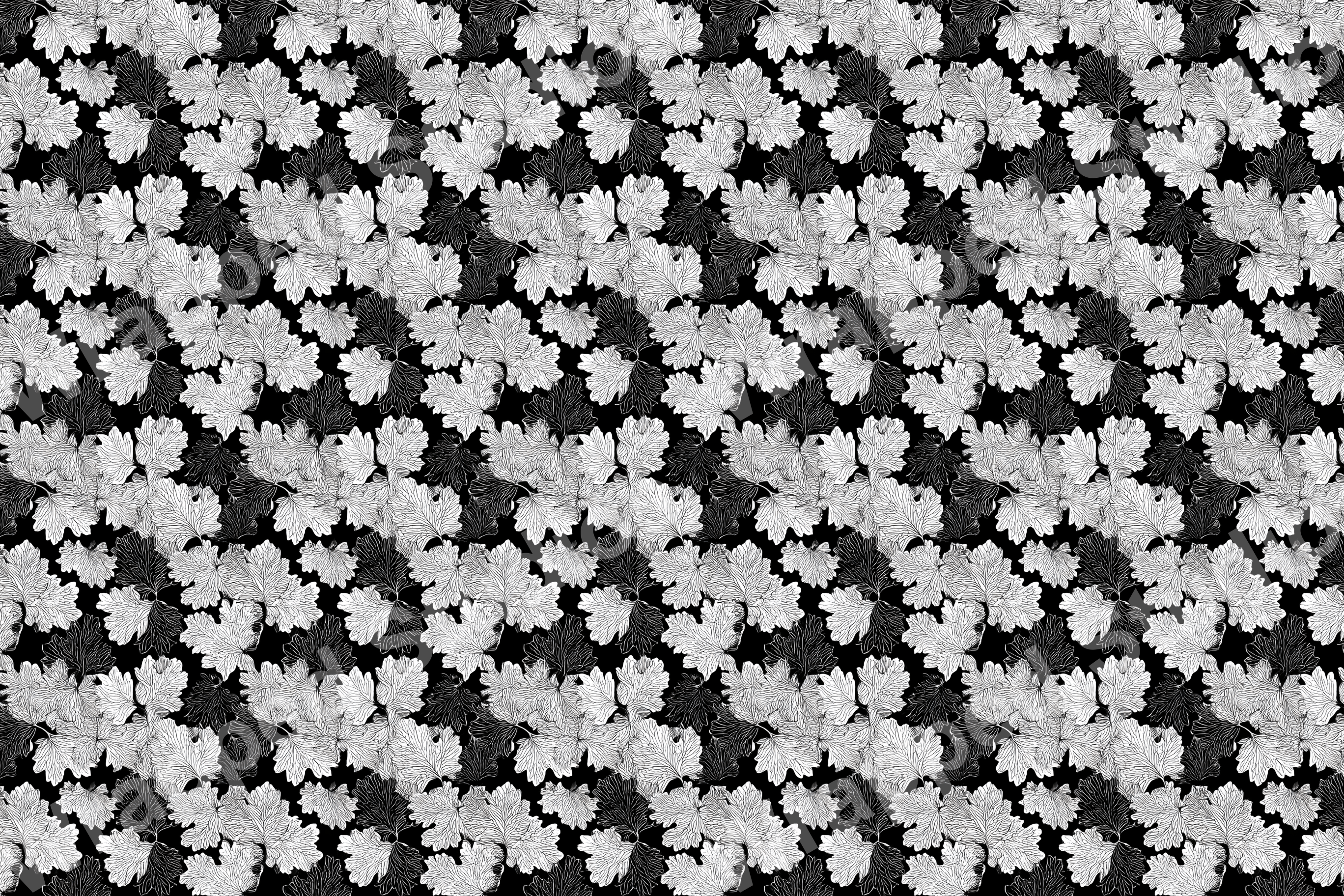 Monochrome botanical pattern of stylized geranium leaves in black and white.