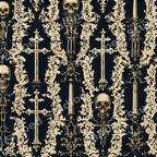 Gothic damask pattern with skulls, ornate crosses, and vintage baroque flourishes in cream and black.