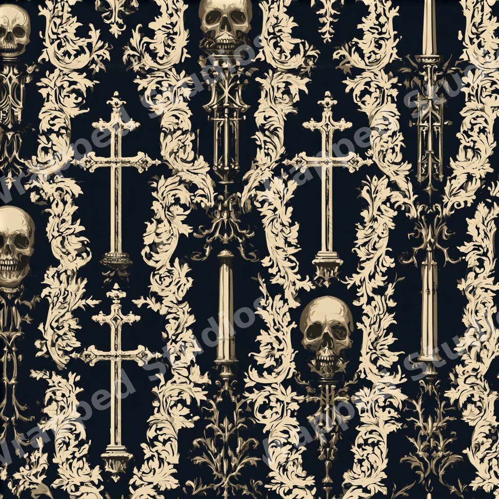 Gothic damask pattern with skulls, ornate crosses, and vintage baroque flourishes in cream and black.