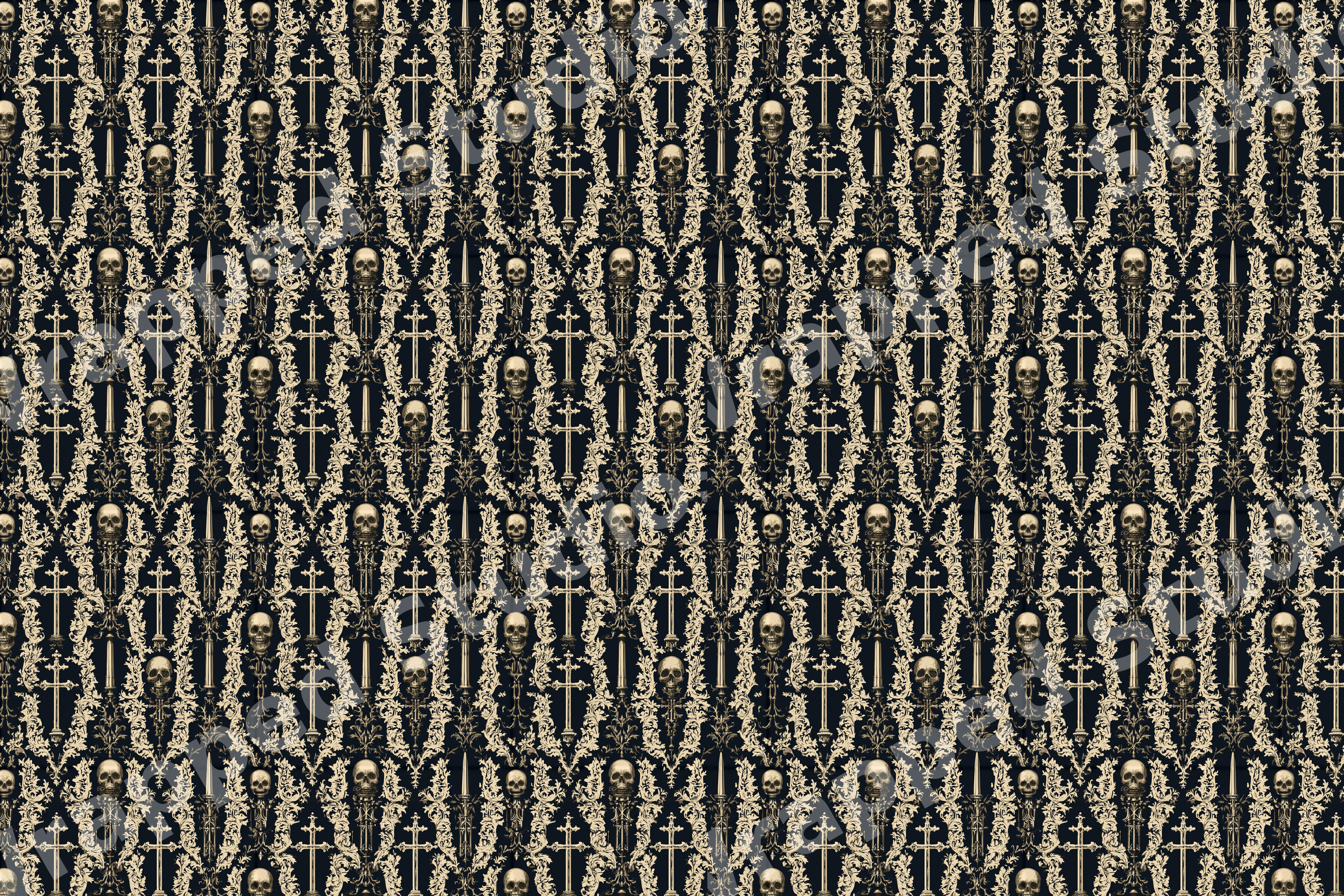 Gothic damask pattern featuring skulls, daggers, and ornate crosses in beige and black.