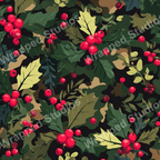 Seamless Christmas holly pattern design with green leaves and red berries.
