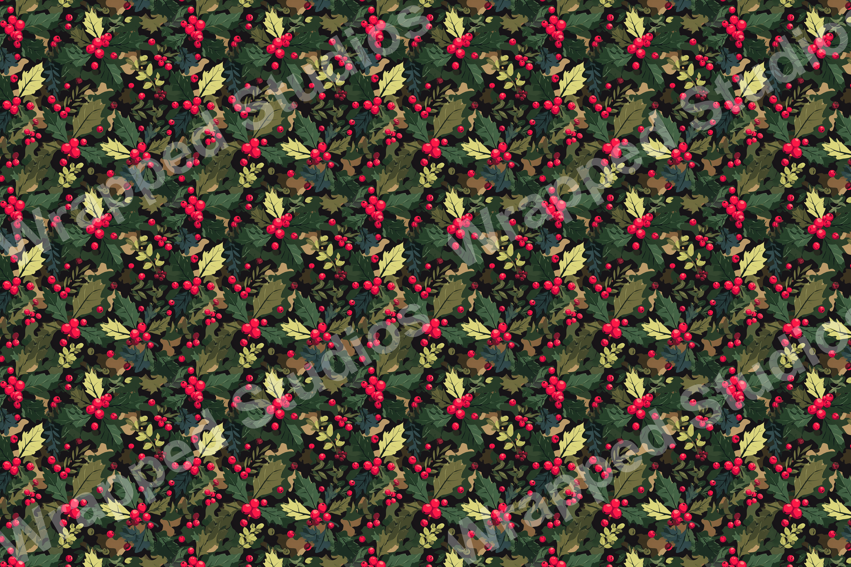 Classic holly berry floral pattern in green, red, and camouflage for a vintage botanical design.