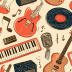 Retro hand-drawn music pattern with guitars, keyboards, vinyl records, and vintage microphones.