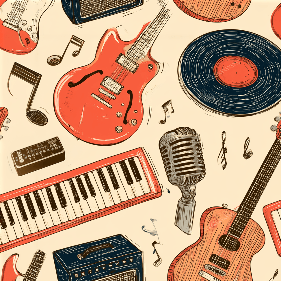 Retro hand-drawn music pattern with guitars, keyboards, vinyl records, and vintage microphones.