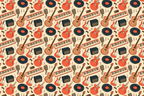 Vintage music pattern featuring retro hand-drawn guitars, vinyl records, and keyboards in orange and cream.
