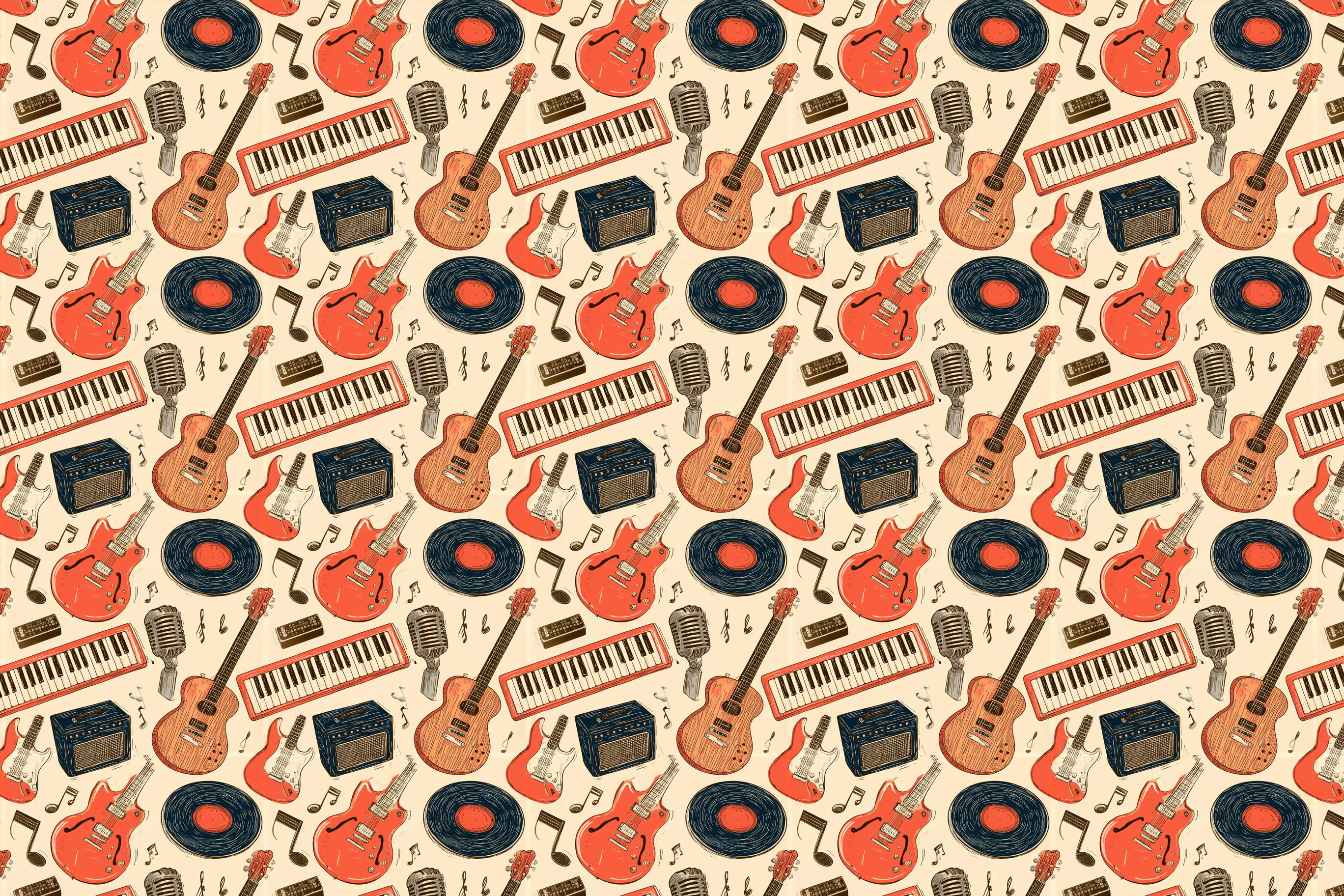 Vintage music pattern featuring retro hand-drawn guitars, vinyl records, and keyboards in orange and cream.