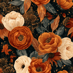 Moody vintage botanical floral pattern with burnt orange and cream flowers on a dark background.