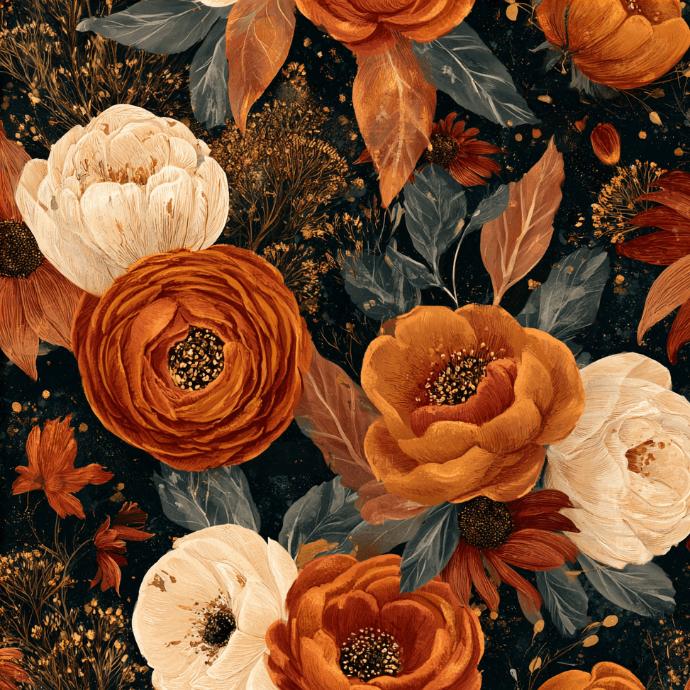 Moody vintage botanical floral pattern with burnt orange and cream flowers on a dark background.
