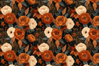 Moody vintage botanical floral pattern with burnt orange and cream roses on a dark background.