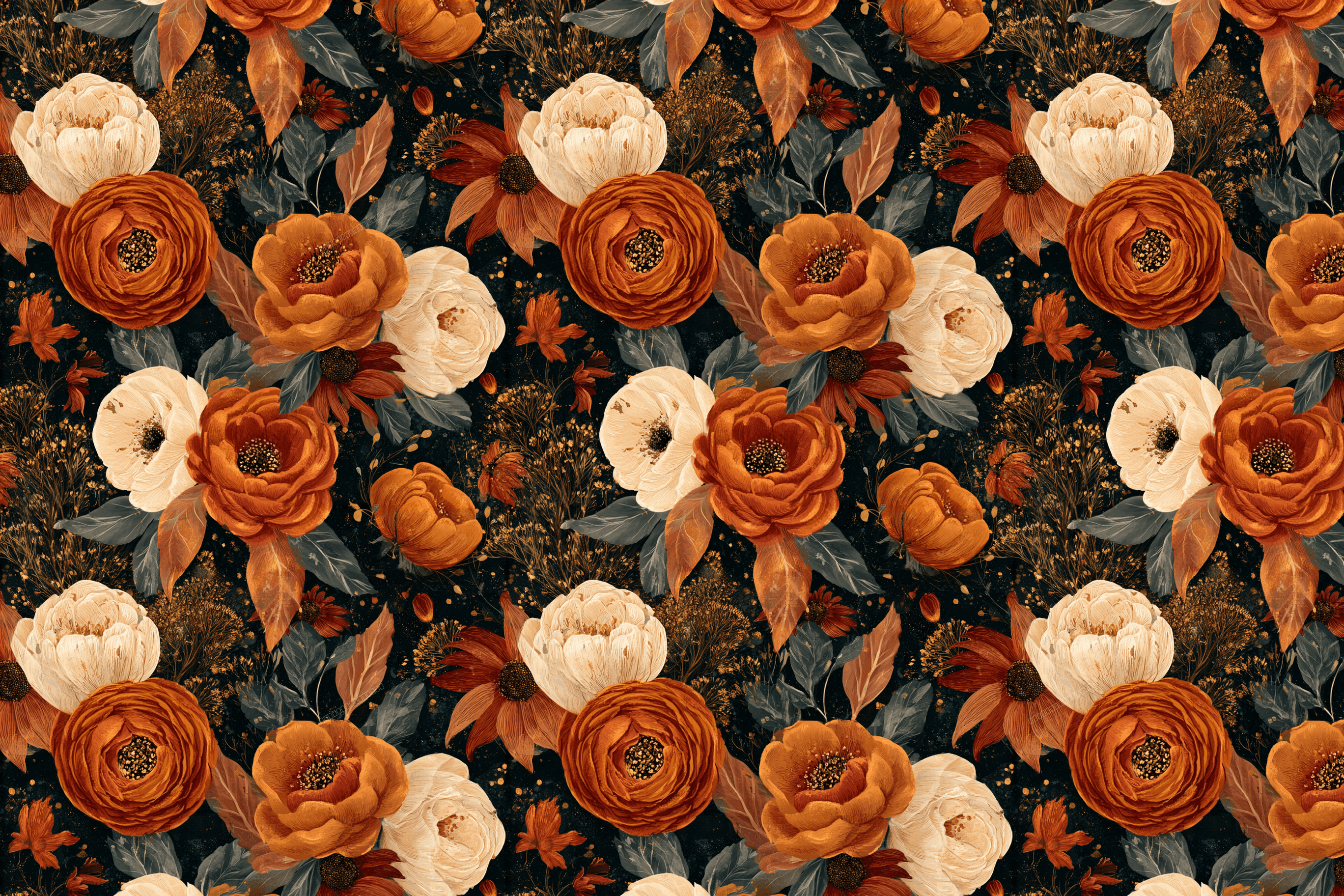 Moody vintage botanical floral pattern with burnt orange and cream roses on a dark background.