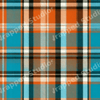Vibrant orange and teal blue plaid pattern with black and white stripes in a modern tartan design.