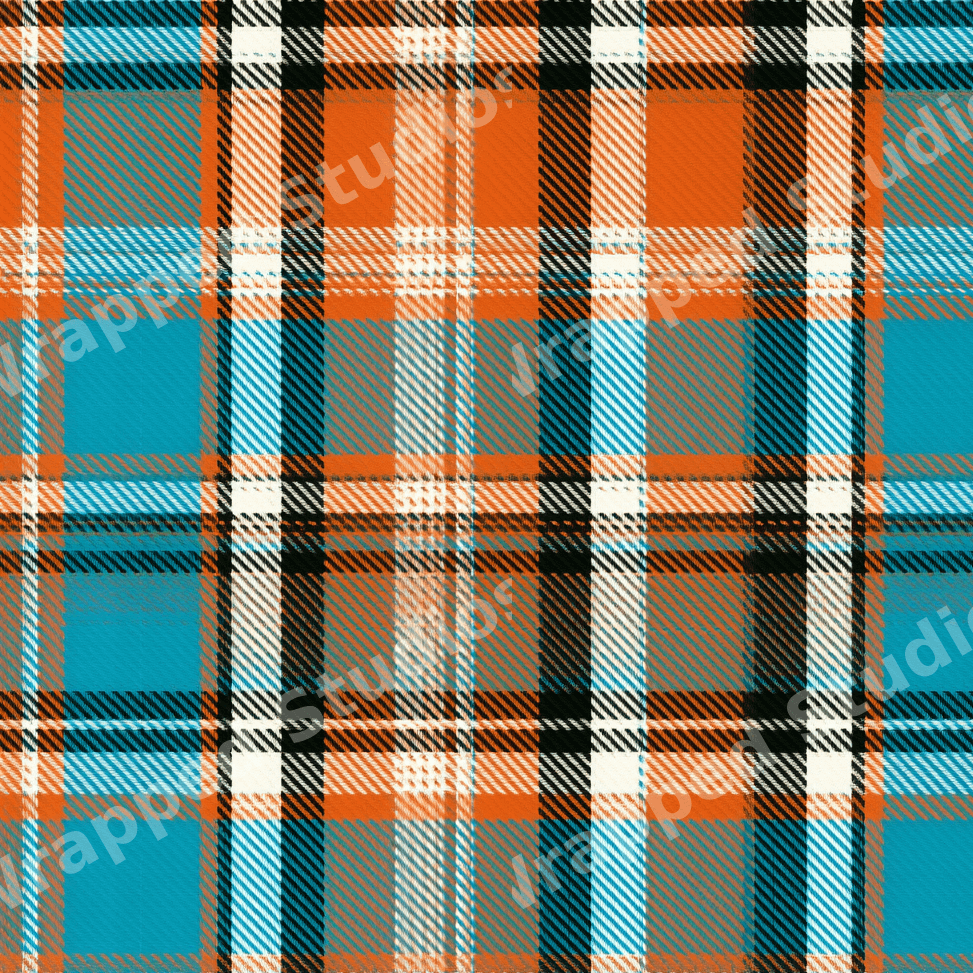 Vibrant orange and teal blue plaid pattern with black and white stripes in a modern tartan design.