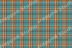 Vibrant orange and teal plaid pattern in a classic geometric tartan design with black and white stripes.