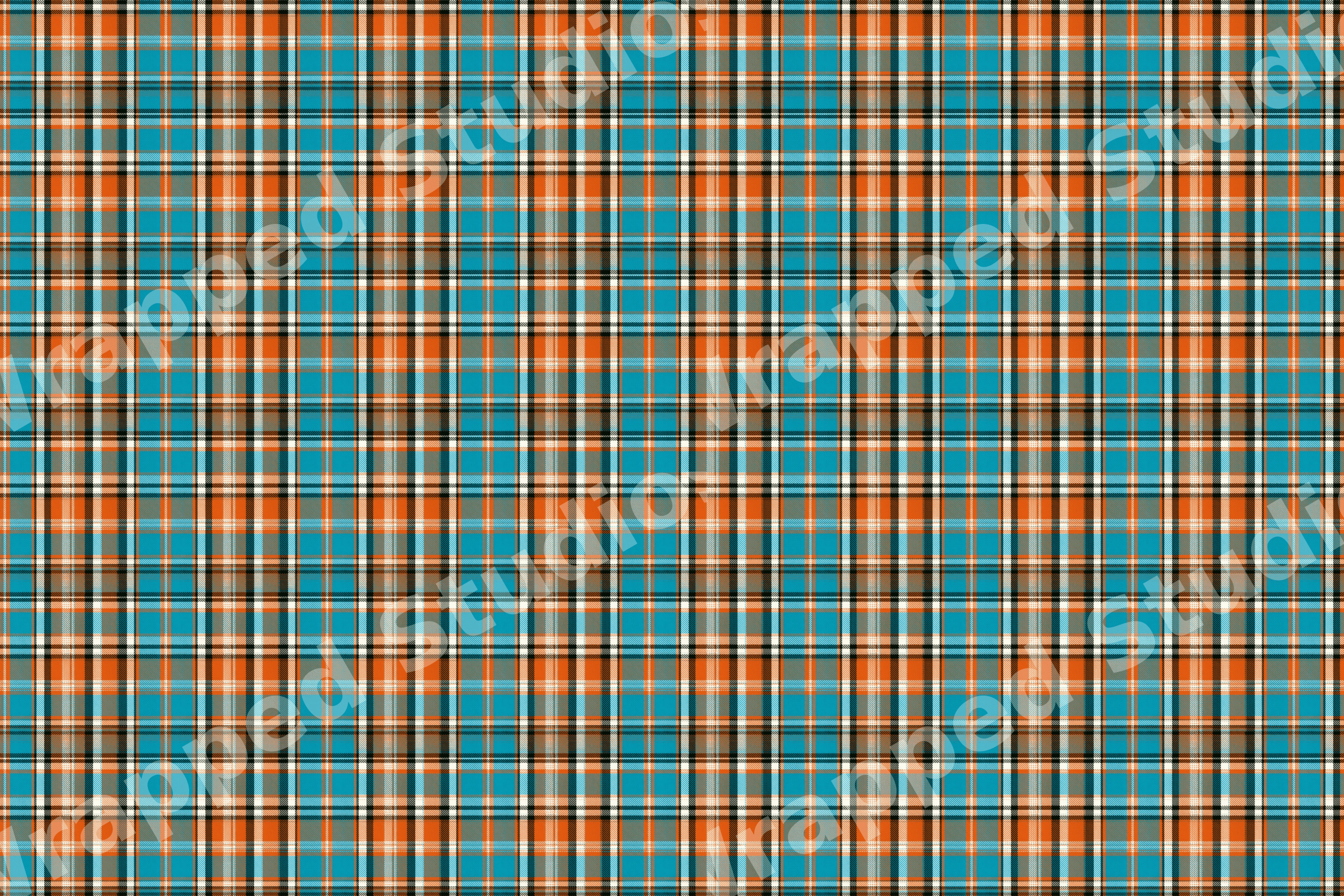 Vibrant orange and teal plaid pattern in a classic geometric tartan design with black and white stripes.