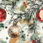 Vintage watercolor Christmas pattern with hand-drawn pine branches, red ornaments, and festive berries.