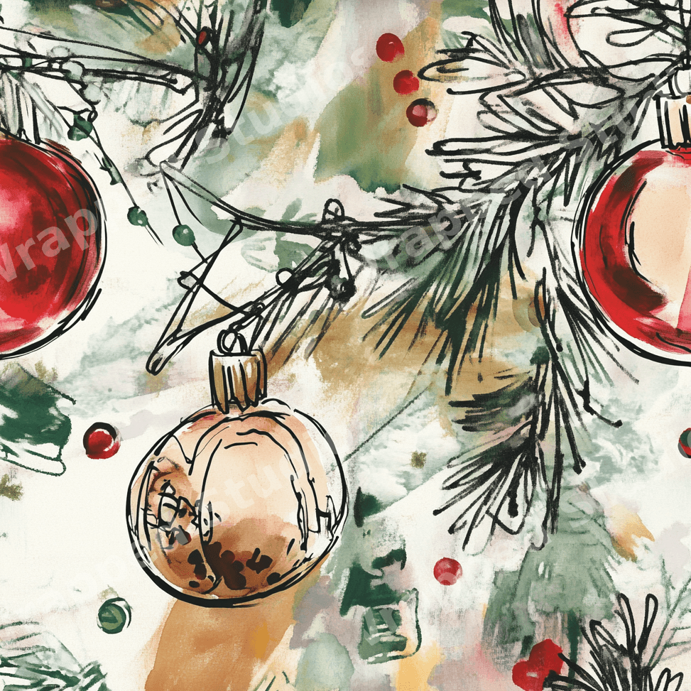 Vintage watercolor Christmas pattern with hand-drawn pine branches, red ornaments, and festive berries.