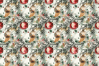 Watercolor Christmas pattern with vintage hand-drawn red and gold ornaments on green pine branches.