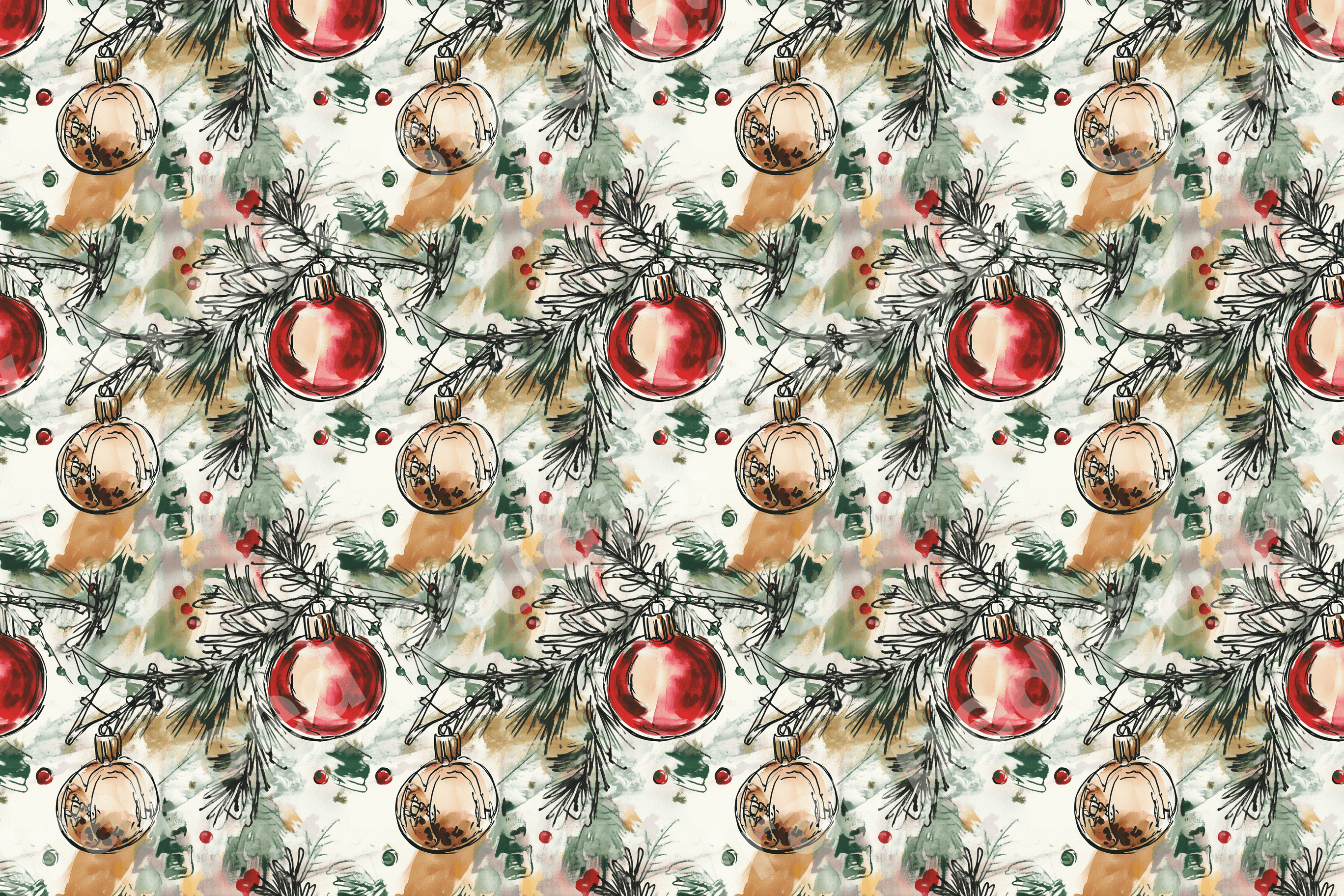 Watercolor Christmas pattern with vintage hand-drawn red and gold ornaments on green pine branches.