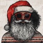 Cool Black Santa holiday print with red sunglasses and a patterned Christmas sweater.