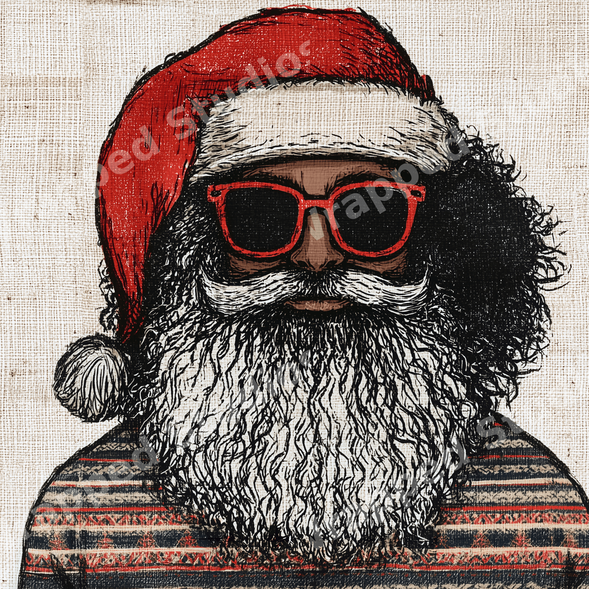 Cool Black Santa holiday print with red sunglasses and a patterned Christmas sweater.